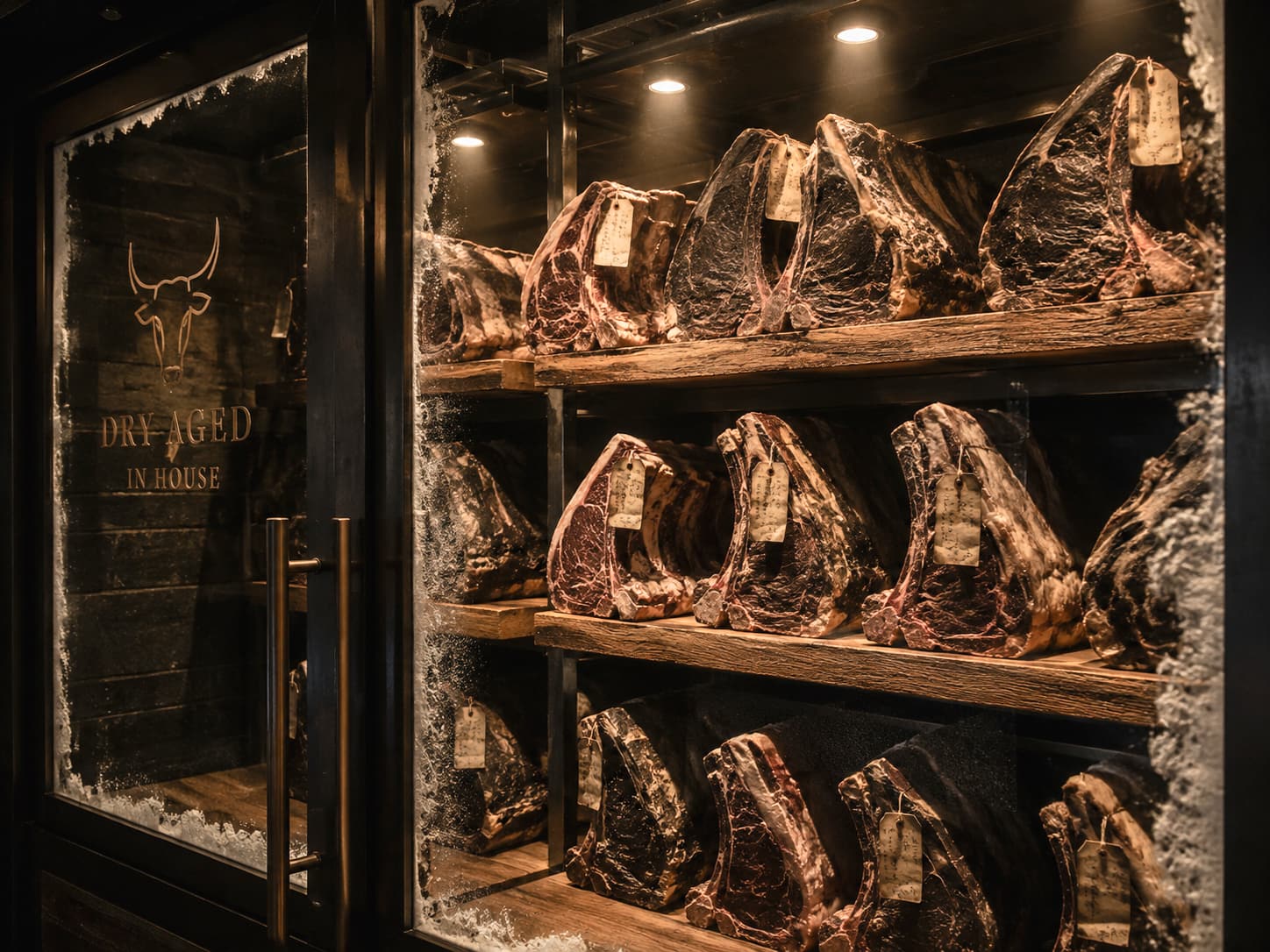 Carne madurando en los estantes de la cámara de maduración