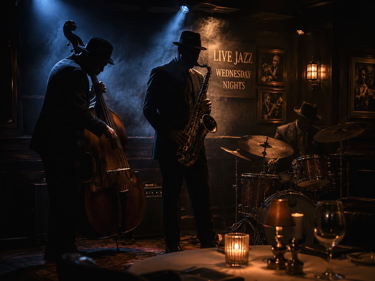 El trío de jazz a contraluz durante la última tanda