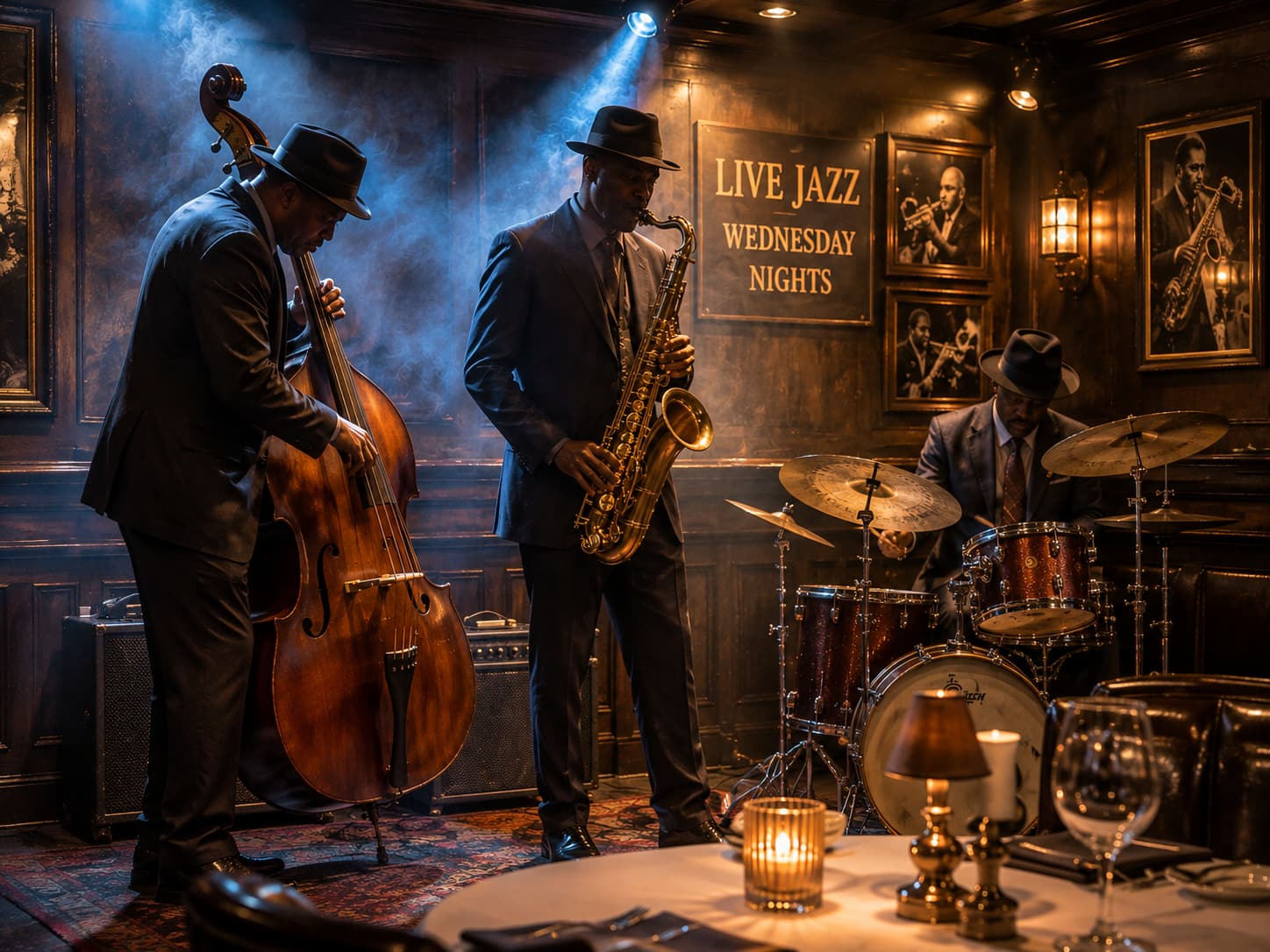 Trío de jazz en vivo tocando el miércoles por la noche